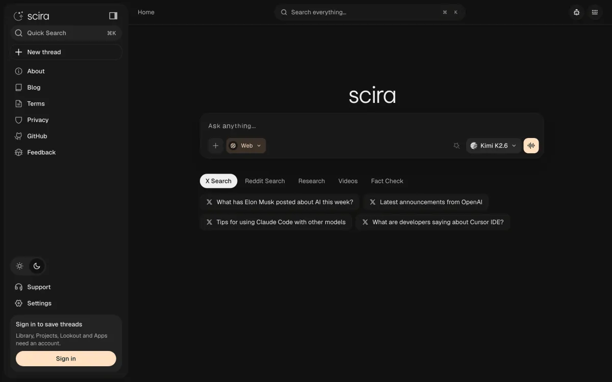 Scira AI homepage