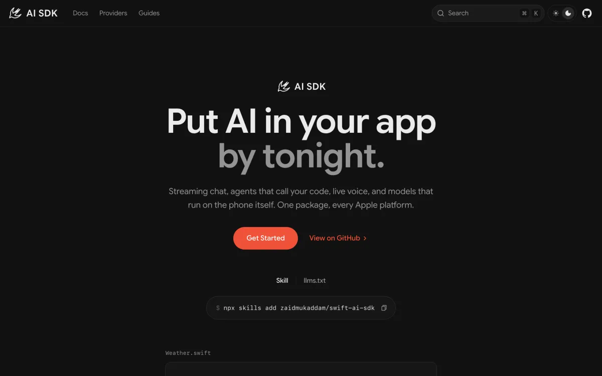 Swift AI SDK homepage